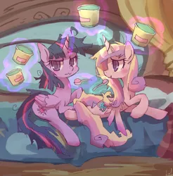 Size: 1000x1018 | Tagged: safe, artist:kolshica, derpibooru import, princess cadance, twilight sparkle, twilight sparkle (alicorn), alicorn, pony, inspiration manifestation, annoyed, bed, bed mane, blushing, comfort eating, eating, female, ice cream, ice cream tub, magic, mare, messy mane, scene parody, scowl, spoon, telekinesis, twilight is not amused, unamused, wavy mouth