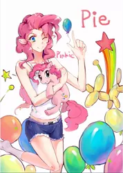 Size: 663x930 | Tagged: safe, artist:cuhenghdj, derpibooru import, pinkie pie, human, pony, balloon, clothes, eared humanization, holding a pony, humanized, looking at you, midriff, one eye closed, raised leg, self ponidox, simple background, smiling, socks, white background, white socks