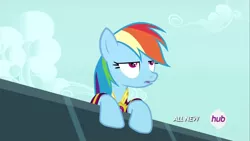 Size: 1920x1080 | Tagged: safe, derpibooru import, screencap, rainbow dash, pegasus, pony, inspiration manifestation, bedroom eyes, clothes, cloud, derp, faic, female, hub logo, open mouth, rainbow dash always dresses in style, sky, solo