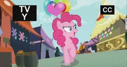 Size: 1440x761 | Tagged: balloon, derpibooru import, inspiration manifestation, lucky clover, meme, pinkie pie, safe, screencap, tv rating, vulgar, youtube caption