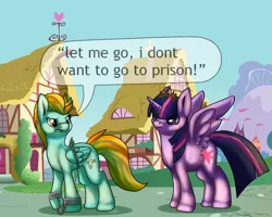 Size: 1024x819 | Tagged: safe, artist:jenny96ist, derpibooru import, lightning dust, twilight sparkle, twilight sparkle (alicorn), alicorn, pony, arrested, bound wings, chains, crown, cuffs, duo, female, frown, glare, grammar error, mare, new crown, shackles, spread wings