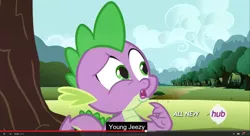 Size: 1600x870 | Tagged: safe, derpibooru import, screencap, spike, inspiration manifestation, hub logo, meme, solo, young jeezy, youtube caption