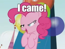 Size: 963x729 | Tagged: suggestive, derpibooru import, edit, edited screencap, screencap, pinkie pie, earth pony, pony, inspiration manifestation, balloon, bedroom eyes, caption, chickun, exploitable meme, faic, female, forced meme, high striker, i came, image macro, implied orgasm, mare, meme, out of context, solo