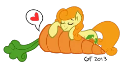 Size: 2200x1141 | Tagged: artist:grayflower, carrot, carrot top, derpibooru import, eyes closed, food, golden harvest, heart, safe, simple background, size difference, smiling, solo, speech bubble, transparent background