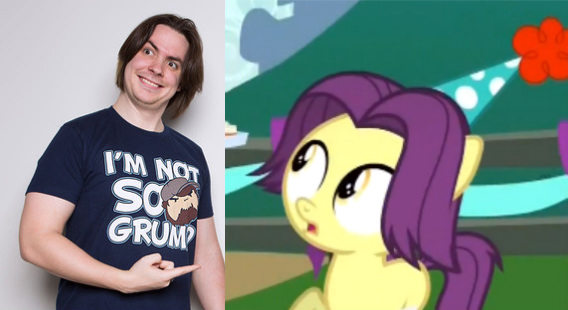 Size: 568x310 | Tagged: 5-year-old, arin hanson, comparison, derpibooru import, egofilly, egoraptor, foal, game grumps, hat, inspiration manifestation, open mouth, party hat, pointing, safe, smiling