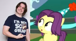 Size: 568x310 | Tagged: 5-year-old, arin hanson, comparison, derpibooru import, egofilly, egoraptor, foal, game grumps, hat, inspiration manifestation, open mouth, party hat, pointing, safe, smiling