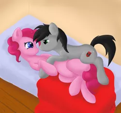 Size: 1600x1499 | Tagged: artist:jonnysalami, bed, blank flank, crossover, crossover shipping, cuddling, dan, dan pie, dan vs, derpibooru import, eye contact, fanfic, fanfic art, female, hug, male, on back, pinkiedan, pinkie pie, ponified, safe, shipping, side, smiling, snuggling, straight, the wheel and the butterfly saga