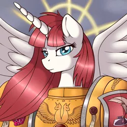 Size: 1440x1440 | Tagged: safe, artist:ratofdrawn, derpibooru import, oc, oc:fausticorn, unofficial characters only, alicorn, pony, armor, female, god empress of ponykind, god-emperor of mankind, mare, purity seal, solo, terminator armor, warhammer (game), warhammer 40k
