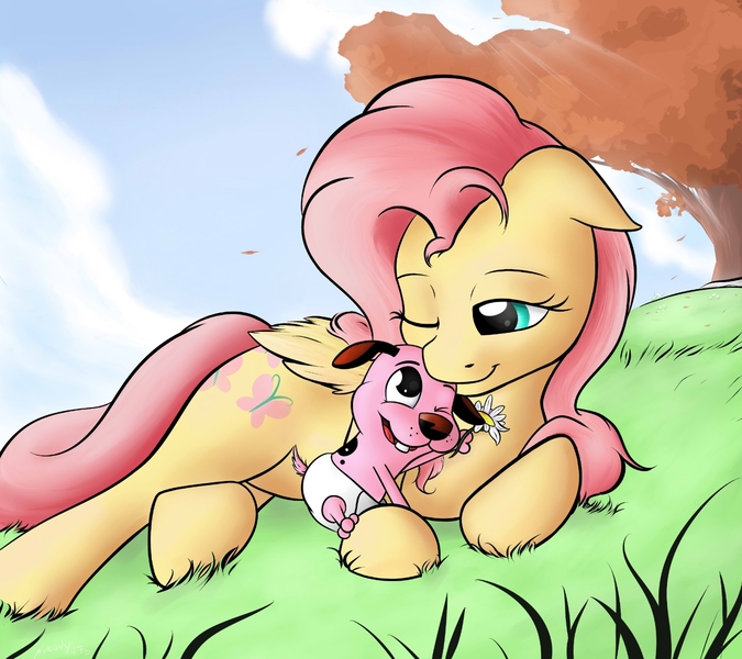 Size: 1400x1244 | Tagged: safe, artist:nobody47, derpibooru import, fluttershy, pegasus, pony, courage, courage the cowardly dog, crossover, cute, diabetes, duo, female, flower, fluttermom, folded wings, looking at each other, mare, oh god my heart, one eye closed, outdoors, puppy, shyabetes, side, smiling, stray strand, wings