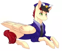 Size: 900x744 | Tagged: safe, artist:risu-nya, derpibooru import, care package, special delivery, pegasus, pony, clothes, mailpony, male, necktie, prone, simple background, solo, stallion, uniform, white background