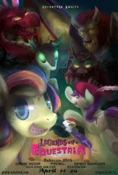 Size: 1215x1800 | Tagged: 2014, artist:surgicalarts, babscon, babscon mascots, cockatrice, convention, derpibooru import, dragon, dryad, legends of equestria, manticore, monster, oc, oc:ellowee, oc:golden gates, poster, safe, timber wolf, unofficial characters only, video game