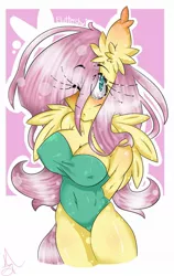 Size: 710x1124 | Tagged: ambiguous facial structure, anthro, artist:randomchick144, belly button, blushing, breasts, busty fluttershy, clothes, derpibooru import, female, fluttershy, one-piece swimsuit, solo, solo female, suggestive, swimsuit, wink