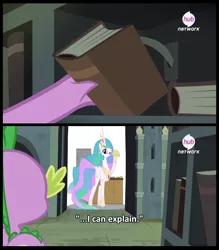 Size: 1314x1499 | Tagged: artist:jittery-the-dragon, book, derpibooru import, hub logo, hub network, inspiration manifestation, kitchen, meme, princess celestia, safe, secret door, spike, taco