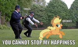 Size: 660x397 | Tagged: safe, artist:normanb88, derpibooru import, applejack, earth pony, human, pony, artifact, caption, chase, crossover, danny butterman, fuck the police, hot fuzz, image macro, irl, irl human, meme, metaphor, needs more jpeg, nicholas angel, nick frost, open mouth, photo, police, ponies in real life, reaction image, running, simon pegg, smiling, vector