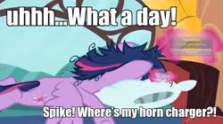 Size: 960x538 | Tagged: safe, derpibooru import, edit, spike, twilight sparkle, twilight sparkle (alicorn), alicorn, pony, inspiration manifestation, battery, caption, charger, dishevelled, exhausted, female, image macro, low battery, mare, meme, messy mane, solo