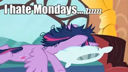 Size: 960x538 | Tagged: safe, derpibooru import, screencap, twilight sparkle, twilight sparkle (alicorn), alicorn, pony, inspiration manifestation, bed, caption, dishevelled, faceplant, female, mare, messy mane, solo, zzz