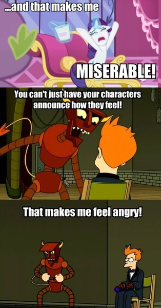 Size: 363x693 | Tagged: safe, derpibooru import, edit, edited screencap, screencap, rarity, spike, human, pony, robot, unicorn, inspiration manifestation, fainting couch, female, futurama, image macro, irony, magic, magic aura, male, mare, meme, robot devil, telekinesis, the devil's hands are idle playthings