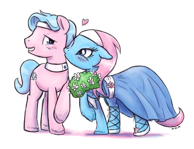 Size: 1000x768 | Tagged: safe, artist:king-kakapo, derpibooru import, aloe, lotus blossom, earth pony, pony, aloebetes, blushing, brother and sister, clothes, cute, dress, female, floppy ears, flower, grin, heart, kiss on the cheek, kissing, male, mare, not incest, not shipping, platonic kiss, raised hoof, rule 63, rule63betes, shy, siblings, smiling, spa twins, stallion, twins, unshorn fetlocks, wink