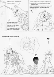 Size: 917x1300 | Tagged: safe, artist:leovictor, derpibooru import, twilight sparkle, twilight sparkle (alicorn), oc, oc:nyx, alicorn, pony, clothes, comic, costume, david hasselhoff, eyes closed, female, frown, glare, gritted teeth, looking back, magic, mare, mirror, monochrome, nightmare night, nightmare night costume, open mouth, paper bag, pulling, question mark, sitting, smiling, sweat, telekinesis, wat