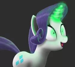 Size: 2000x1800 | Tagged: safe, artist:vladimir-zharkov, derpibooru import, rarity, pony, unicorn, inspiration manifestation, corrupted, female, gray background, green eyes, green magic, inspirarity, magic, mare, open mouth, possessed, simple background, solo