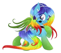 Size: 1240x1086 | Tagged: safe, alternate version, artist:blackfreya, derpibooru import, oc, oc:sweet paradise, unofficial characters only, bat pony, pony, background removed, bat pony oc, multicolored hair, rainbow hair, simple background, solo, transparent background