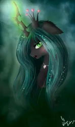 Size: 1773x3005 | Tagged: artist:wilvarin-liadon, beautiful, changeling, changeling queen, crown, derpibooru import, fangs, female, magic, necklace, queen chrysalis, safe, solo