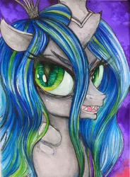 Size: 1024x1389 | Tagged: antagonist, artist:czbaterka, changeling, changeling queen, derpibooru import, female, queen chrysalis, safe, solo, traditional art, watercolor painting