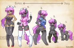 Size: 1600x1035 | Tagged: suggestive, artist:shepherd0821, derpibooru import, oc, oc:blackle, unofficial characters only, anthro, human, pony, semi-anthro, unguligrade anthro, anthro chart, anthro with ponies, ass, bipedal, black underwear, breasts, camisole, cheongsam, cleavage, clothes, collar, corset, dark skin, female, garter, garter belt, garters, high heels, humanized, lace, lingerie, nurse, panties, side knot underwear, stockings, striped underwear, syringe, tongue out, underass, underwear