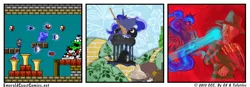 Size: 950x330 | Tagged: alicorn, amphibian, artist:gx, artist:tofutiles, cowardly lion, crossover, derpibooru import, dorothy, dream walker luna, falcon kick, freddy krueger, horsepower, human, kicking, mario, mouth hold, nightmare on elm street, phanto, princess luna, safe, super mario bros., super mario bros. 2, the wizard of oz, tin man, toad, wart, wicked witch of the west, wings
