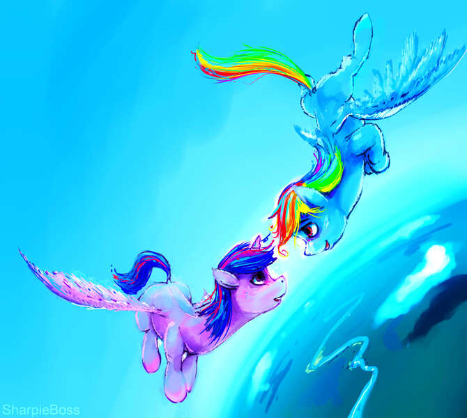 Size: 3793x3397 | Tagged: safe, artist:sharpieboss, derpibooru import, rainbow dash, twilight sparkle, twilight sparkle (alicorn), alicorn, pony, eye contact, female, flying, lesbian, mare, open mouth, shipping, sky, smiling, spread wings, twidash, vertigo