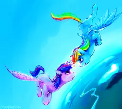 Size: 3793x3397 | Tagged: safe, artist:sharpieboss, derpibooru import, rainbow dash, twilight sparkle, twilight sparkle (alicorn), alicorn, pony, eye contact, female, flying, lesbian, mare, open mouth, shipping, sky, smiling, spread wings, twidash, vertigo