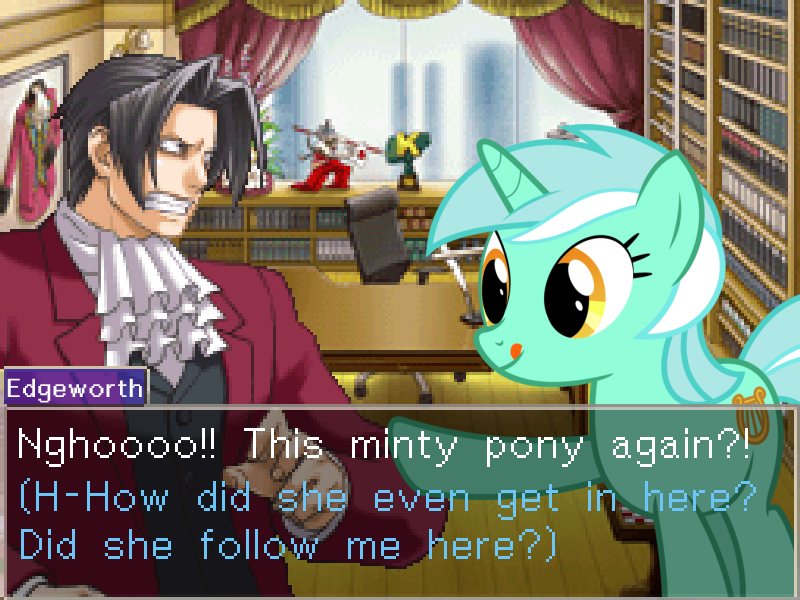 Size: 800x600 | Tagged: ace attorney, crossover, lyra heartstrings, miles edgeworth, safe, that pony sure does love humans