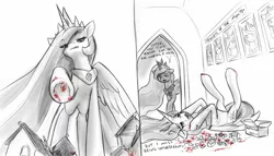 Size: 1523x870 | Tagged: safe, artist:alloyrabbit, derpibooru import, princess cadance, princess celestia, princess luna, twilight sparkle, twilight sparkle (alicorn), alicorn, pony, alicorn tetrarchy, bait and switch, bedroom eyes, destruction, fake blood, fantasy, female, floppy ears, giantess, giantlestia, hair over one eye, ketchup, licking lips, macro, mare, on back, open mouth, playing, roleplay, sillestia, smiling, stomping, tongue out, unamused, underhoof, whining