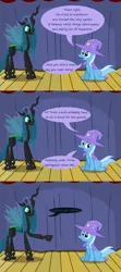 Size: 1280x2870 | Tagged: safe, artist:evil-dec0y, derpibooru import, queen chrysalis, trixie, changeling, changeling queen, pony, unicorn, comic:trixie vs., cape, clothes, comic, duo, duo female, female, hat, mare, stage, trixie's cape, trixie's hat