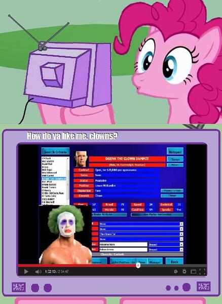 Size: 563x771 | Tagged: 1000 hours in ms paint, bob holly, caption, derpibooru import, doink the clown, ewr, exploitable meme, hardcore holly, image macro, meme, ms paint, newlegacyinc, obligatory pony, pinkie pie, safe, text, tv meme, wwe