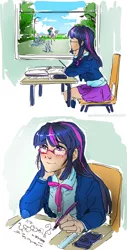 Size: 1383x2715 | Tagged: safe, artist:ddhew, derpibooru import, rainbow dash, twilight sparkle, equestria girls, blushing, clothes, comic, female, humanized, lesbian, observer, school, shipping, skirt, table, twidash, window