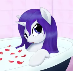 Size: 3200x3079 | Tagged: safe, artist:galekz, derpibooru import, rarity, pony, unicorn, bath, bathtub, flower petals, milk, milk bath, petals, solo, wet, wet mane, wet mane rarity