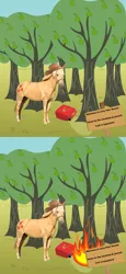 Size: 1556x3384 | Tagged: applejack, arson, comic, dark comedy, fire, gas, gasoline, hilarious in hindsight, hoers, irl horse, live action applejack, match, matches, orchard, pear, safe, sign, solo, that pony sure does hate pears, tree, vandalism