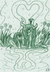 Size: 1632x2324 | Tagged: safe, artist:rossmaniteanzu, derpibooru import, queen chrysalis, oc, oc:poisoned soul, bath, canon x oc, changelingified, chrysalislover, couple, eye contact, flower, heart, traditional art