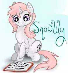 Size: 863x925 | Tagged: safe, artist:rawrcharlierawr, derpibooru import, oc, oc:snowlily, unofficial characters only, pony, unicorn, book, raised hoof, reading, sitting, smiling, solo, underhoof