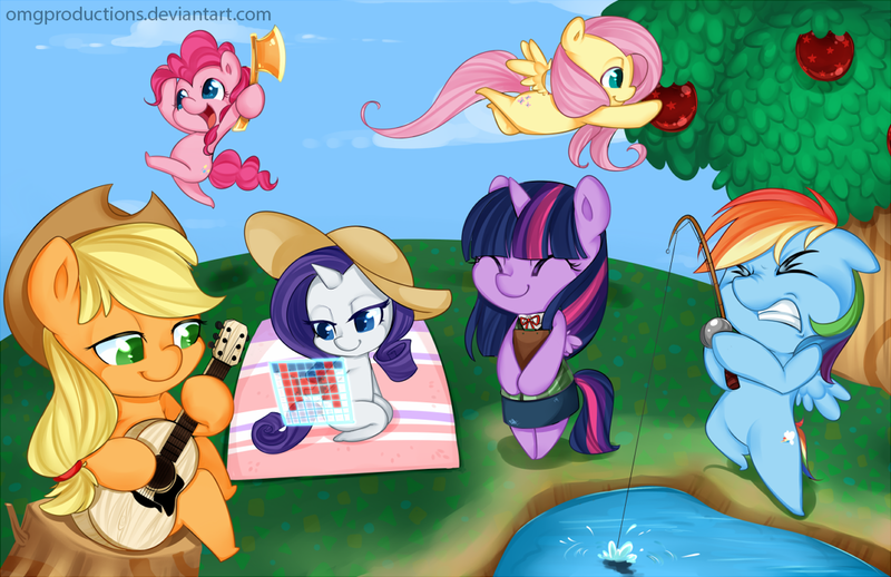 Size: 1088x704 | Tagged: dead source, safe, artist:omgproductions, derpibooru import, applejack, fluttershy, pinkie pie, rainbow dash, rarity, twilight sparkle, twilight sparkle (alicorn), alicorn, pony, animal crossing, animal crossing: new leaf, apple, apple tree, axe, bipedal, cute, dashabetes, diapinkes, female, fishing, fishing rod, guitar, isabelle, jackabetes, mane six, mare, nintendo, open mouth, pulling, raribetes, shyabetes, tree, twiabetes