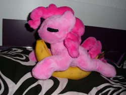 Size: 1024x768 | Tagged: artist:celestia-in-love, banana, derpibooru import, irl, photo, pinkie pie, plushie, safe