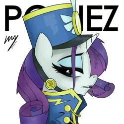 Size: 2000x2000 | Tagged: safe, artist:inkypsycho, derpibooru import, rarity, pony, unicorn, testing testing 1-2-3, ancient wonderbolts uniform, clothes, female, gorillaz, hat, looking at you, looking back, mare, ponified album cover, portrait, profile, sgt. rarity, shako, simple background, solo, uniform, white background