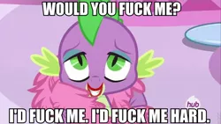 Size: 960x540 | Tagged: suggestive, derpibooru import, edit, screencap, spike, dragon, inspiration manifestation, buffalo bill, caption, drag, feather boa, hub logo, i'd fuck it, image macro, implied foalcon, implied sex, male, meme, silence of the lambs, solo, the hub, vulgar