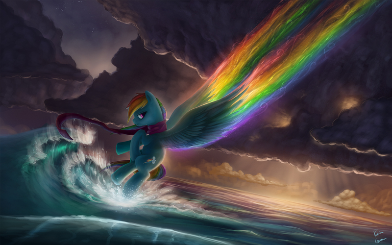 Size: 2000x1250 | Tagged: safe, artist:rain-gear, derpibooru import, rainbow dash, pegasus, pony, clothes, cloudy, epic, female, mare, ocean, rainbow trail, scarf, scenery, solo, spread wings, trail, water