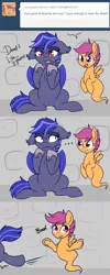 Size: 520x1300 | Tagged: safe, artist:lulubell, derpibooru import, scootaloo, oc, oc:night watch, bat pony, ghost, pony, ask night watch, nope, scared, tumblr