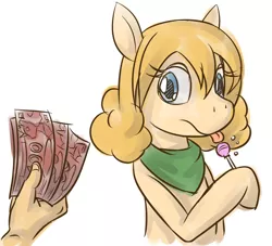 Size: 1000x908 | Tagged: suggestive, artist:sonicdramon, derpibooru import, oc, oc:chidey, unofficial characters only, human, exploitable meme, fistful of yen, hand, hoof hold, licking, lollipop, meme, money, neckerchief, prostitution, simple background, tongue out, white background