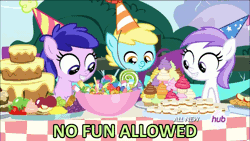 Size: 1440x810 | Tagged: 5-year-old, animated, apple, bowl, cake, candy, cupcake, cute, derpibooru import, dilated pupils, eye shimmer, filly, floppy ears, food, frown, fruit, grin, hat, hors d'oeuvre, hubble, hub logo, image macro, inspiration manifestation, meme, no fun allowed, open mouth, party hat, plate, plumberry, sad, safe, screencap, shrimp, smiling, the hub, titania, unnamed pony