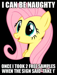 Size: 750x1000 | Tagged: caption, derpibooru import, everything is ruined, exploitable meme, first world anarchist, fluttershy, free sample, image macro, meme, painfully innocent fluttershy, pure unfiltered evil, safe, solo, text