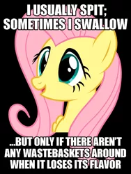 Size: 750x1000 | Tagged: caption, derpibooru import, exploitable meme, fluttershy, gum, image macro, innocent innuendo, meme, painfully innocent fluttershy, paraprosdokian, safe, solo, text